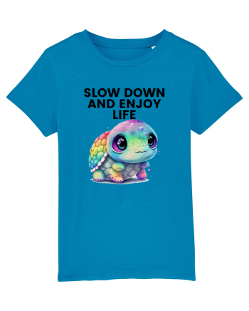 Broasca testoasa pictata in acuarela cu mesajul  Slow Down and Enjoy Life Azur