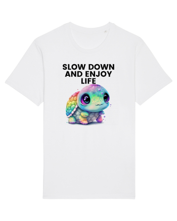 Broasca testoasa pictata in acuarela cu mesajul  Slow Down and Enjoy Life White