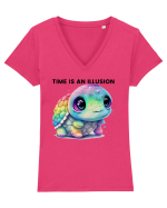 Broasca testoasa pictata in acuarela cu mesajul  Time is an Illusion Tricou mânecă scurtă guler V Damă Evoker