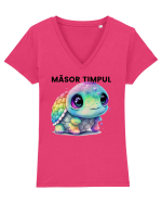 Broasca testoasa pictata in acuarela cu mesajul  Masor Timpul Tricou mânecă scurtă guler V Damă Evoker