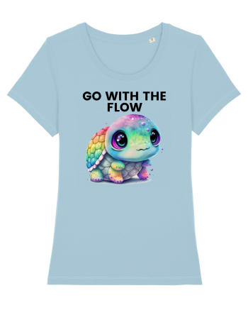 Broasca testoasa pictata in acuarela cu mesajul  Go with the Flow Sky Blue