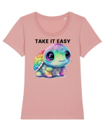 Broasca testoasa pictata in acuarela cu mesajul  Take it Easy Tricou mânecă scurtă guler larg fitted Damă Expresser