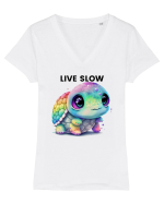 Broasca testoasa pictata in acuarela cu mesajul Live Slow Tricou mânecă scurtă guler V Damă Evoker