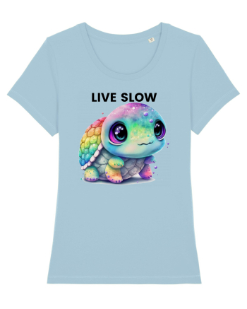 Broasca testoasa pictata in acuarela cu mesajul Live Slow Sky Blue