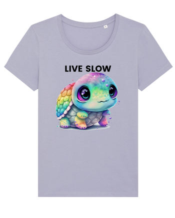 Broasca testoasa pictata in acuarela cu mesajul Live Slow Lavender