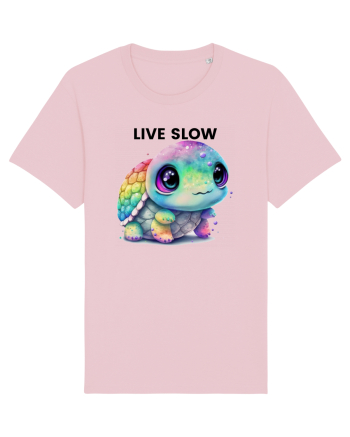 Broasca testoasa pictata in acuarela cu mesajul Live Slow Cotton Pink