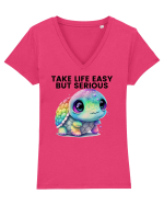 Broasca testoasa pictata in acuarela cu mesajul Take Life Easy but Serious Tricou mânecă scurtă guler V Damă Evoker