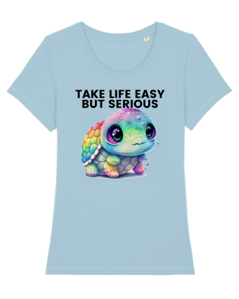 Broasca testoasa pictata in acuarela cu mesajul Take Life Easy but Serious Sky Blue