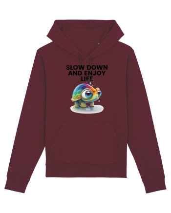Broasca testoasa pictata in acuarela cu mesajul  Slow Down and Enjoy Life Burgundy