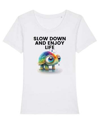Broasca testoasa pictata in acuarela cu mesajul  Slow Down and Enjoy Life White