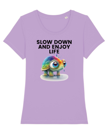 Broasca testoasa pictata in acuarela cu mesajul  Slow Down and Enjoy Life Lavender Dawn