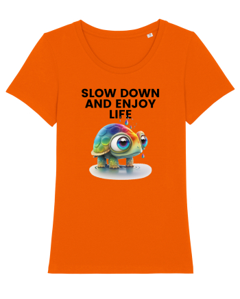 Broasca testoasa pictata in acuarela cu mesajul  Slow Down and Enjoy Life Bright Orange