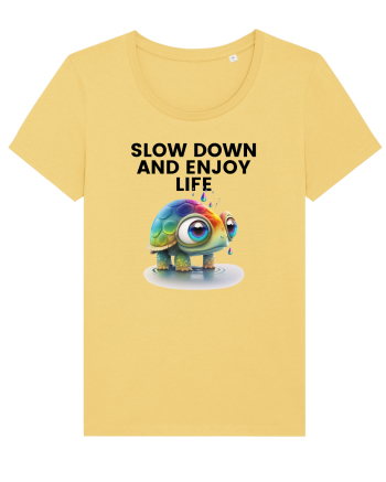 Broasca testoasa pictata in acuarela cu mesajul  Slow Down and Enjoy Life Jojoba