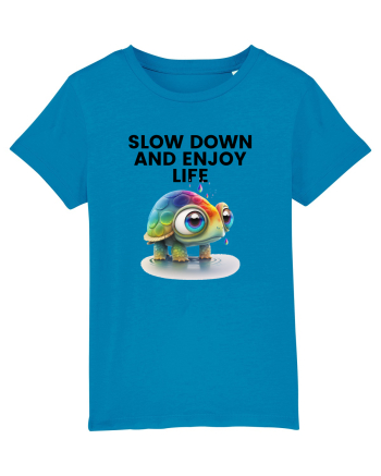 Broasca testoasa pictata in acuarela cu mesajul  Slow Down and Enjoy Life Azur