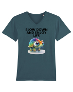 Broasca testoasa pictata in acuarela cu mesajul  Slow Down and Enjoy Life Tricou mânecă scurtă guler V Bărbat Presenter