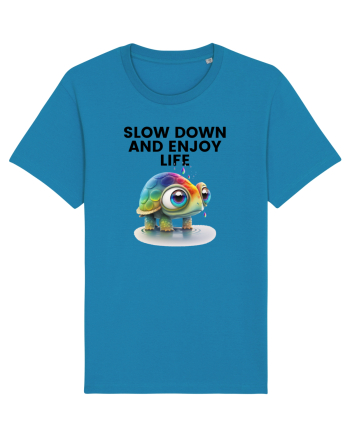 Broasca testoasa pictata in acuarela cu mesajul  Slow Down and Enjoy Life Azur