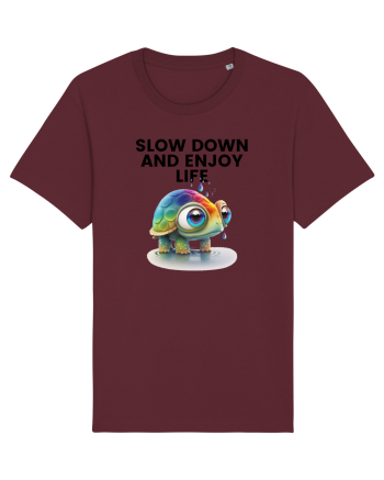 Broasca testoasa pictata in acuarela cu mesajul  Slow Down and Enjoy Life Burgundy