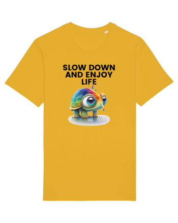 Broasca testoasa pictata in acuarela cu mesajul  Slow Down and Enjoy Life Spectra Yellow