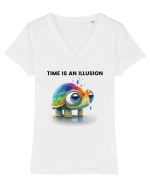 Broasca testoasa pictata in acuarela cu mesajul  Time is an Illusion Tricou mânecă scurtă guler V Damă Evoker
