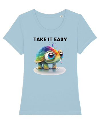 Broasca testoasa pictata in acuarela cu mesajul  Take it Easy Sky Blue