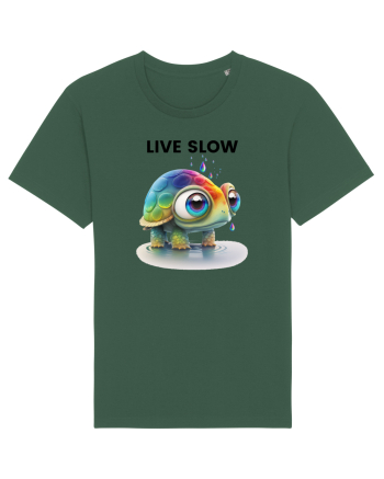 Broasca testoasa pictata in acuarela cu mesajul Live Slow Bottle Green