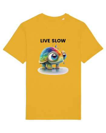 Broasca testoasa pictata in acuarela cu mesajul Live Slow Spectra Yellow