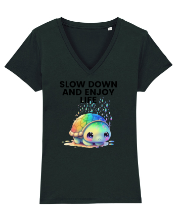 Broasca testoasa pictata in acuarela cu mesajul  Slow Down and Enjoy Life Black