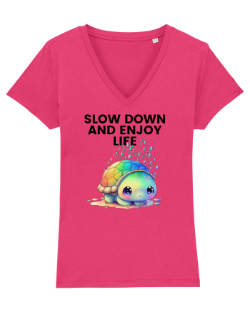 Broasca testoasa pictata in acuarela cu mesajul  Slow Down and Enjoy Life Raspberry