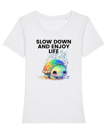 Broasca testoasa pictata in acuarela cu mesajul  Slow Down and Enjoy Life White