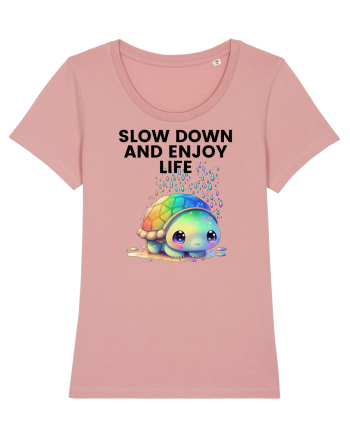Broasca testoasa pictata in acuarela cu mesajul  Slow Down and Enjoy Life Canyon Pink