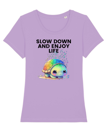 Broasca testoasa pictata in acuarela cu mesajul  Slow Down and Enjoy Life Lavender Dawn