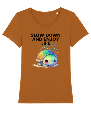 Broasca testoasa pictata in acuarela cu mesajul  Slow Down and Enjoy Life Roasted Orange