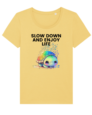 Broasca testoasa pictata in acuarela cu mesajul  Slow Down and Enjoy Life Jojoba