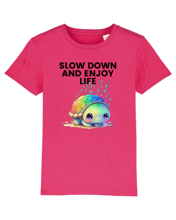 Broasca testoasa pictata in acuarela cu mesajul  Slow Down and Enjoy Life Raspberry