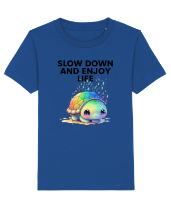 Broasca testoasa pictata in acuarela cu mesajul  Slow Down and Enjoy Life Majorelle Blue