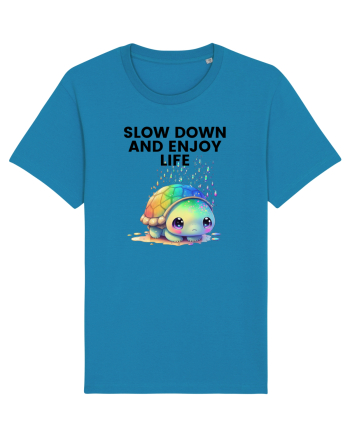 Broasca testoasa pictata in acuarela cu mesajul  Slow Down and Enjoy Life Azur