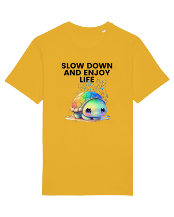 Broasca testoasa pictata in acuarela cu mesajul  Slow Down and Enjoy Life Spectra Yellow