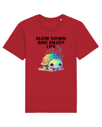 Broasca testoasa pictata in acuarela cu mesajul  Slow Down and Enjoy Life Red