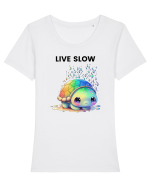 Broasca testoasa pictata in acuarela cu mesajul Live Slow Tricou mânecă scurtă guler larg fitted Damă Expresser