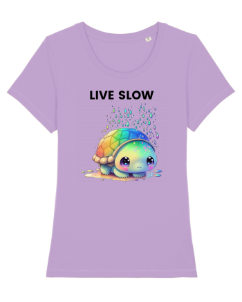 Broasca testoasa pictata in acuarela cu mesajul Live Slow Lavender Dawn