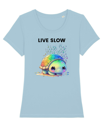 Broasca testoasa pictata in acuarela cu mesajul Live Slow Sky Blue