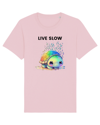 Broasca testoasa pictata in acuarela cu mesajul Live Slow Cotton Pink