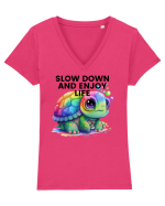Broasca testoasa pictata in acuarela cu mesajul  Slow Down and Enjoy Life Tricou mânecă scurtă guler V Damă Evoker