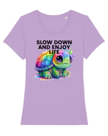 Broasca testoasa pictata in acuarela cu mesajul  Slow Down and Enjoy Life Lavender Dawn