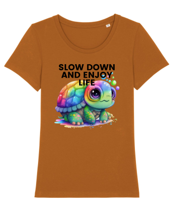 Broasca testoasa pictata in acuarela cu mesajul  Slow Down and Enjoy Life Roasted Orange