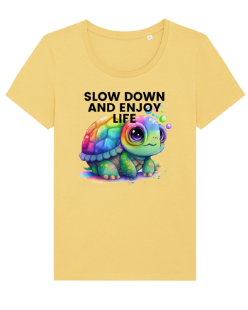 Broasca testoasa pictata in acuarela cu mesajul  Slow Down and Enjoy Life Jojoba