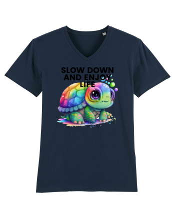 Broasca testoasa pictata in acuarela cu mesajul  Slow Down and Enjoy Life French Navy