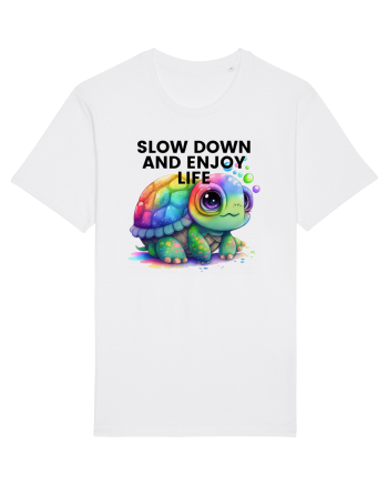 Broasca testoasa pictata in acuarela cu mesajul  Slow Down and Enjoy Life White