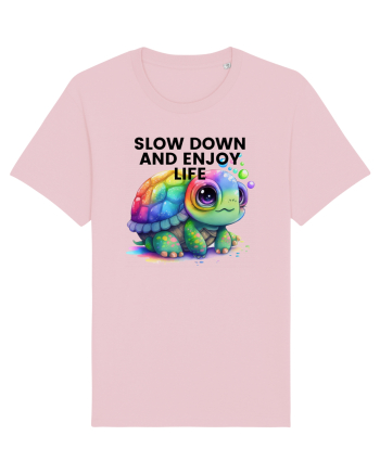 Broasca testoasa pictata in acuarela cu mesajul  Slow Down and Enjoy Life Cotton Pink