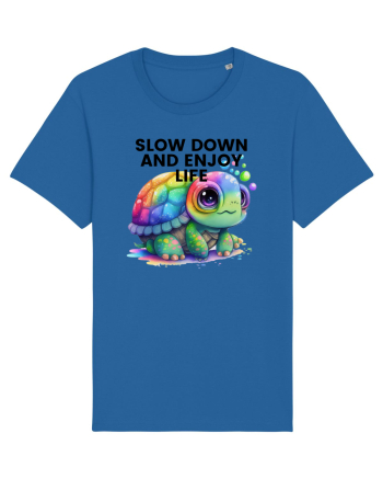 Broasca testoasa pictata in acuarela cu mesajul  Slow Down and Enjoy Life Royal Blue